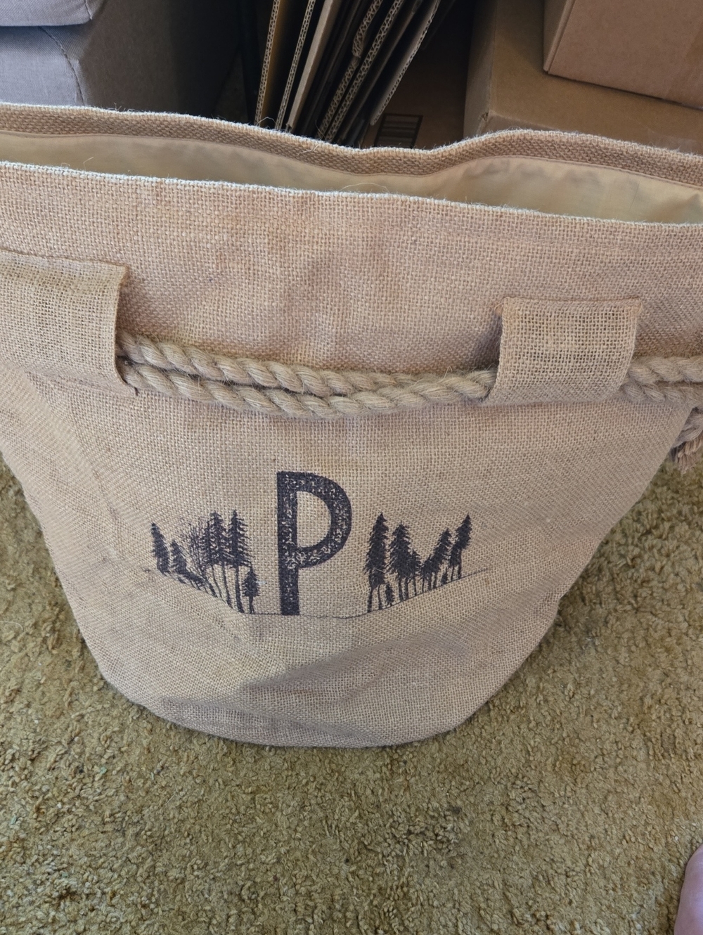 Ann Gish Natural Burlap Rope-Handle Storage Tote with Monogram P